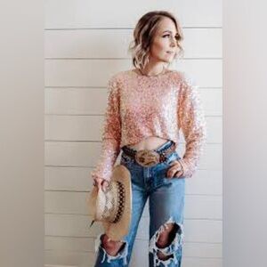 Strut & bolt Sequin Crop Top in Blush Pink - Women's Long Sleeve